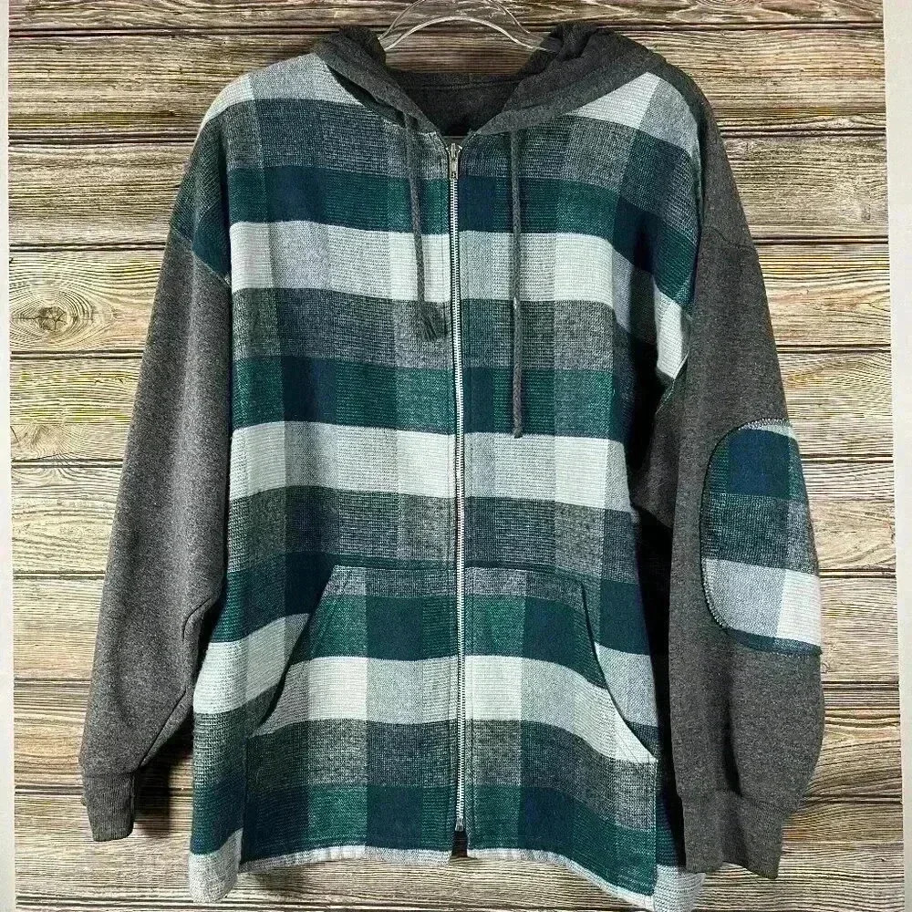 Men's Fluid International Zip Plaid Sweatshirt Hoodie w/Elbow Patch Size Medium